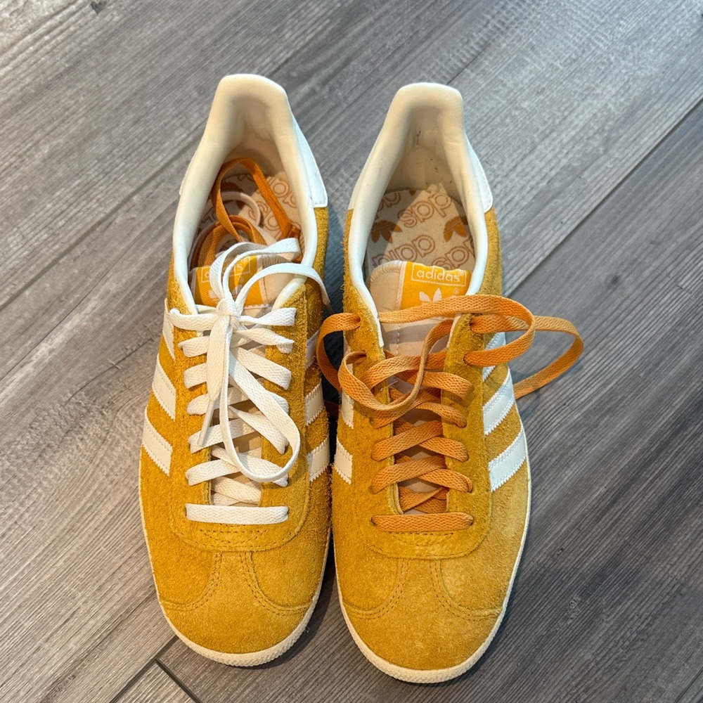 Adidas Golden Suede Sneakers with White Stripes